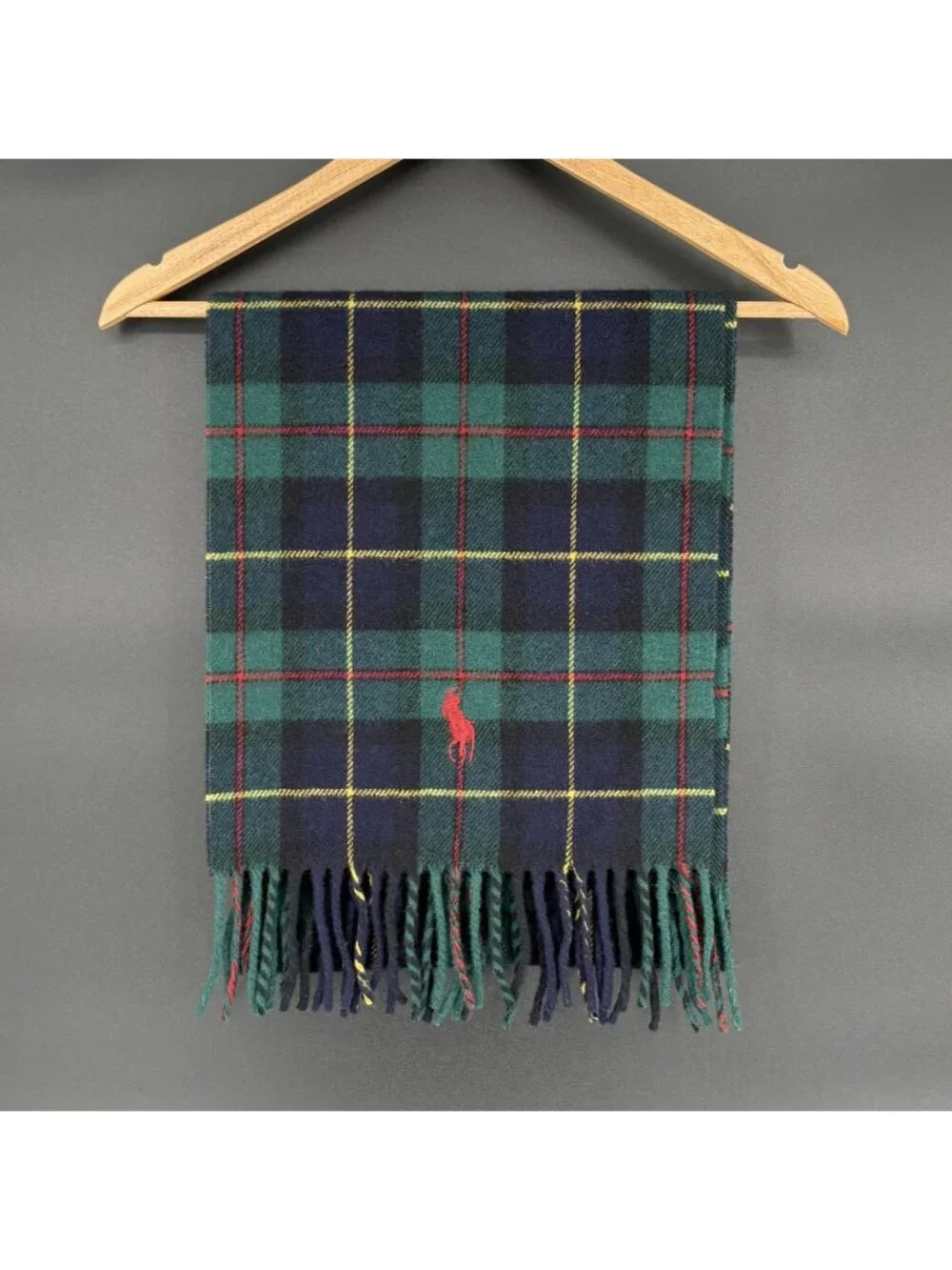 Polo Ralph Lauren Lambswool Tartan Plaid Scarf Made Italy Pony Green Navy Preppy